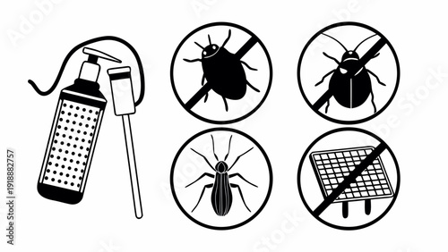Pest control devices and insects prohibition signs illustration viewed directly