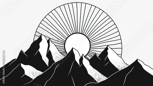 Monochrome illustration of mountain range with rising sun design graphic