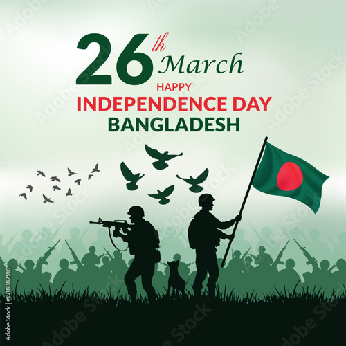 26 March Bangladesh Independence Day Poster with Soldier Silhouette Holding National Flag – Patriotic Vector Illustration