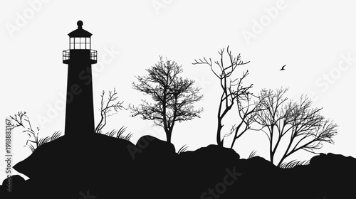 Silhouette of a lighthouse and bare trees on a rocky island