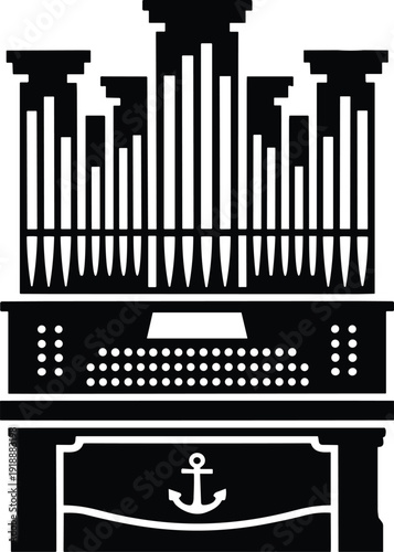 Pipe organ silhouette illustration with organ pipes and keyboard, vintage church musical instrument icon, cathedral music design, black vector isolated on white background.