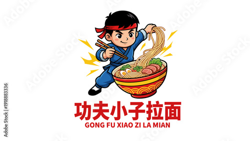 A cheerful young boy skillfully prepares a bowl of noodles with chopsticks, representing culinary artistry and enthusiasm for cooking in an engaging cartoon style.
