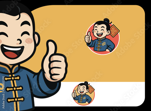 A joyful child character dressed in a traditional outfit giving a thumbs-up, radiating positivity and cultural pride, ideal for showcasing diversity and creativity.