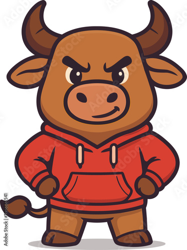 This adorable cartoon bull character, dressed in a cozy red hoodie, embodies confidence and strength, appealing to a youthful audience in a fun and relatable manner.