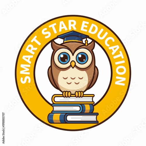 This charming illustration features a wise owl perched on stacked books, wearing a graduation cap, symbolizing education and learning in a fun and approachable style.