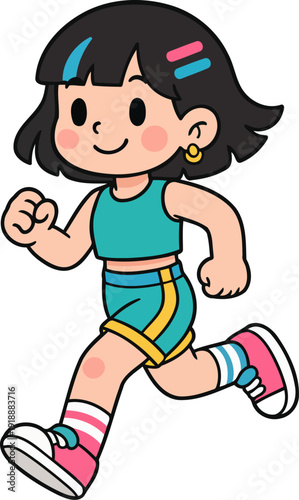 This vibrant illustration captures a happy girl in a sporty outfit jogging with enthusiasm, representing energy, fitness, and a lively spirit suitable for an active lifestyle.