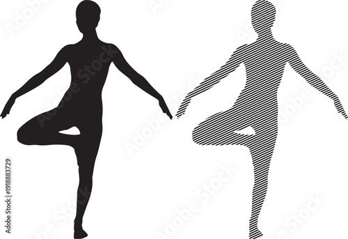 Stylized silhouettes of a person performing the Vrikshasana tree pose illustrating balance focus through solid and striped graphic representations against white background