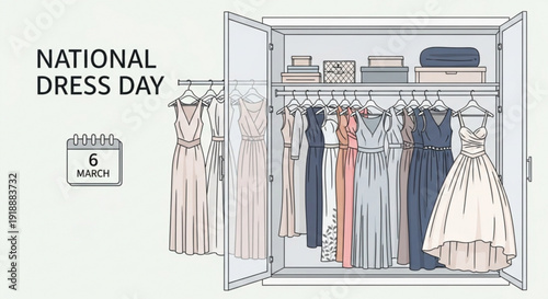 National dress day march 6 illustration of dresses in closet fashion and clothing concept