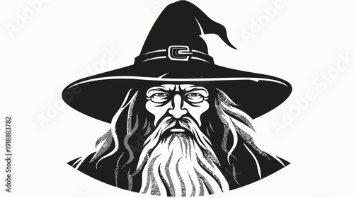 Wise wizard portrait in black and white with long beard and pointed hat