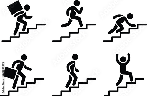 Stickman climbing stairs icon set showing business progress, success and career growth concept, man carrying briefcase walking upstairs, black vector illustration isolated.
