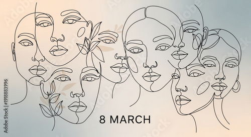 Minimalist line art of multiple women's faces with leaves on women's day 8 march
