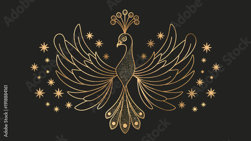 Elegant golden peacock illustration with starbursts on a dark background