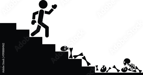 Stickman walking upstairs with heart symbol and skeleton falling down stairs, funny life and death concept illustration, black silhouette vector isolated on white background.