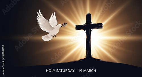 White dove flying with olive branch towards cross on hill with radiant sunburst background holy saturday concept