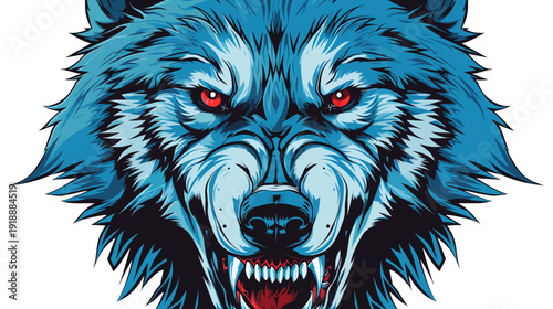 Intense blue wolf head illustration with red eyes on white background