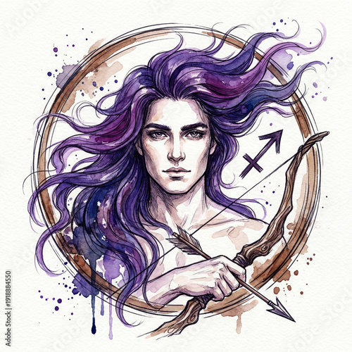 Sagittarius Zodiac Illustration in Watercolor and ink wash style. Wet-on-wet technique with soft blends, artistic splatters, and drips. For astrology posters, horoscopes, calendars, tarot. 