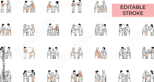 Collection of various poses for a cheerful bearded man wearing a blue polo shirt and brown trousers demonstrating different actions and emotions next to a small dog