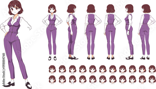 A set of character model sheets featuring a young female construction worker wearing a white shirt orange reflective safety vest hard hat and gray pants showing front side and back views