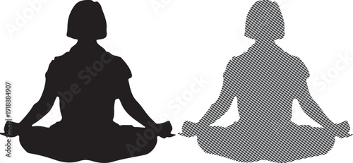 Two distinct female silhouettes demonstrating the classic lotus meditation pose side by side offering contrasting graphic styles perfect for wellness and relaxation design projects
