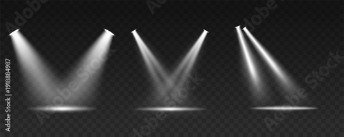 Spotlight, stage light, light sources. Glowing illuminated light effect. Vector
