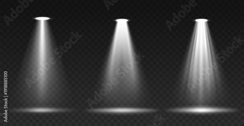 Spotlight, stage light, light sources. Glowing illuminated light effect. Vector