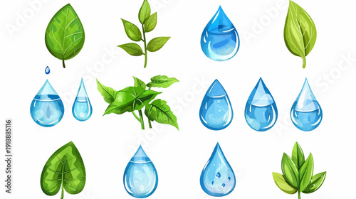 Watercolor illustrations of water droplets and green leaves on white background