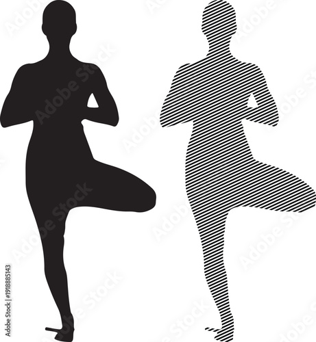Silhouette illustrations depict a person gracefully performing the traditional vrikshasana yoga tree pose emphasizing balance and mindful body alignment side by side for graphic contrast