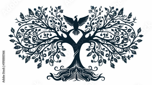 Decorative tree illustration with soaring bird on white background concept