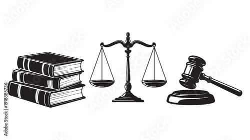 Law symbols with gavel and scales of justice in monochrome illustration on white background for legal services