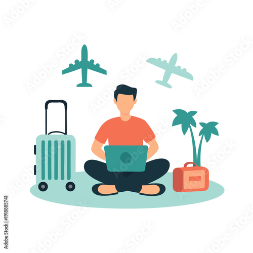Digital nomad working on laptop with travel elements flat minimal vector illustration