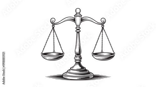 Justice Scales in Simple Line Art with Monochromatic Gray Tones on White Background for Legal Symbolism