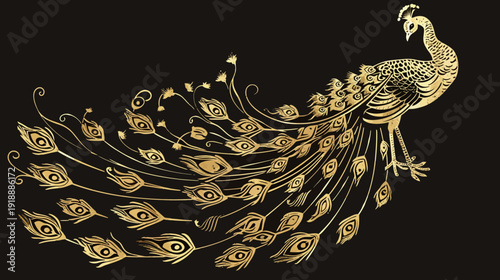 Elegant golden peacock illustration on dark background for design projects