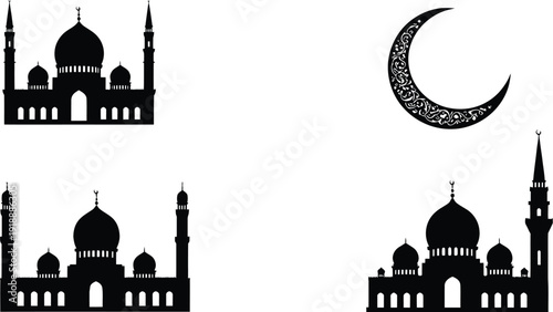 Black silhouette set of traditional Islamic mosques and decorative crescent moon isolated on white background for Ramadan and Eid celebration