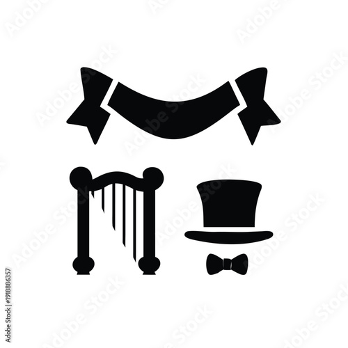 Vintage Irish celebration icons set featuring harp bow tie symbols Vector illustration