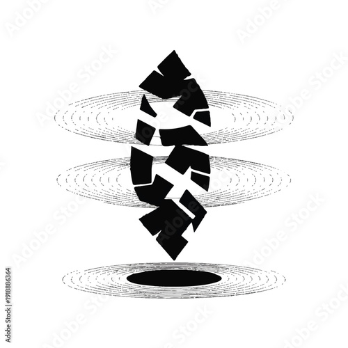 Abstract illustration of a fragmented black diamond shape floating above concentric circles, conveying a sense of mystical power and energy