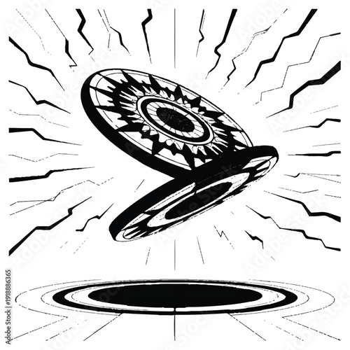 Abstract image of a black and white stylized portal opening up to reveal a mysterious object, creating an energetic and ethereal scene