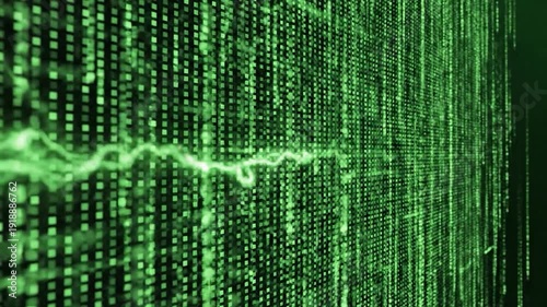 Abstract green digital data screen with falling pixel matrix code.