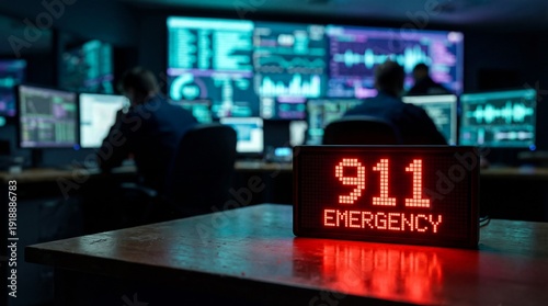 Red digital display showing 911 emergency alert rests on a desk within a dimly lit control room environment.
