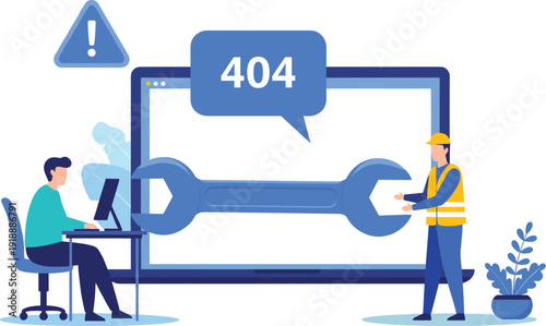 404 Error and Website Maintenance Vector Illustration with Developer Technician Fixing System Issue Using Tools and Warning Symbols in Modern Flat Design