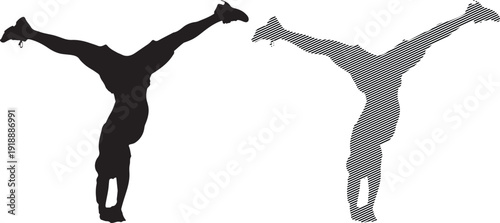 Two stylized vector illustrations depict an athletic person performing a difficult handstand balance with legs spread wide in a dynamic acrobatic pose