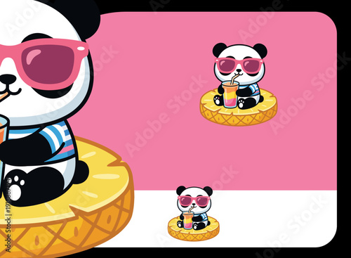 A charming panda enjoying a tropical drink while looking stylish in sunglasses brings a sense of fun and relaxation to branding, ideal for a creative design studio.