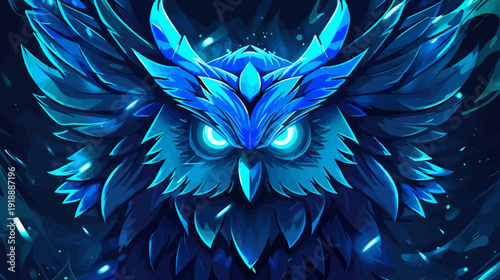 Vibrant blue owl illustration detailed close up digital art