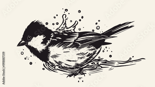 Ink illustration of a bird splashing in water artistic graphic design