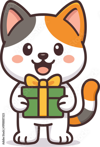 A lovable illustrated cat character joyfully holds a green gift box with a yellow ribbon, embodying happiness and a festive spirit in a colorful design.