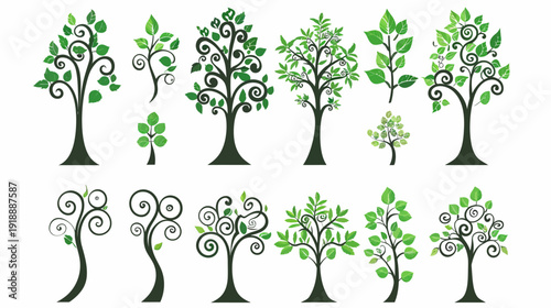 Decorative tree illustrations vector graphics of leafy green and black trees