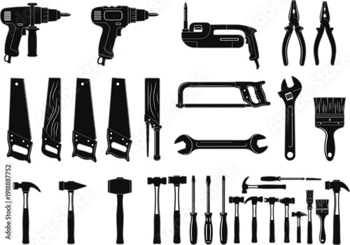 Black silhouette construction and repair tools set with drills, saws, hammers, wrenches, pliers, screwdrivers, and painting equipment, flat vector icons for industrial and workshop use