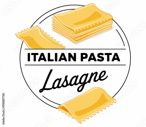 label of lasagne, pasta for a puff casserole, professional culinary achievement badge and high-ranking italian cuisine certification levels for premium food quality branding.