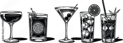 Hand drawn cocktail glasses set with martini, margarita, long drink, and tropical beverages in black and white woodcut style, cad drawing flat vector illustration