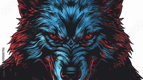 Intense artwork of a wolf head with red and blue colors isolated