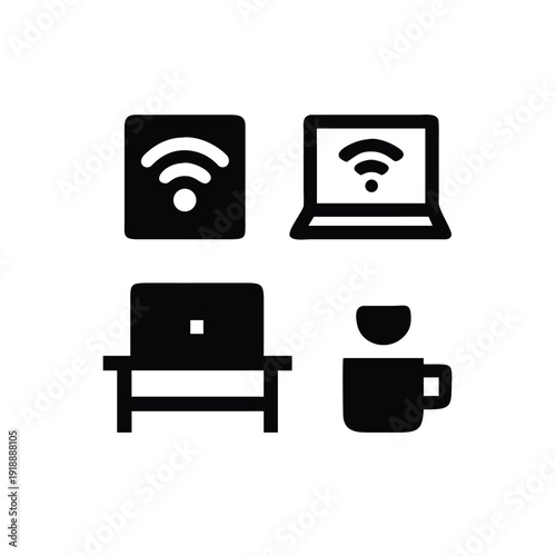 Remote work icons set with laptop and coffee mug productivity Vector illustration